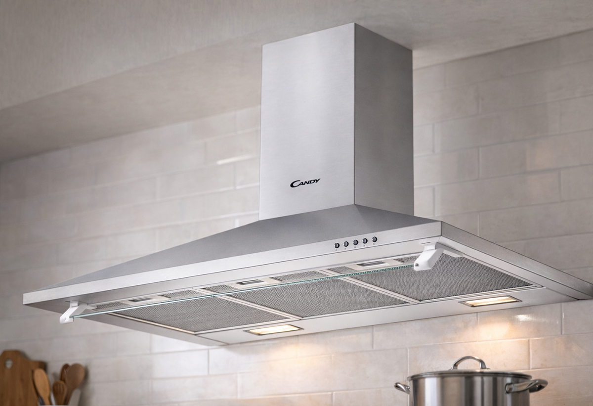 Απεικονίζεται ο απορροφητήρας εγκατεστημένος στην κουζίνα.